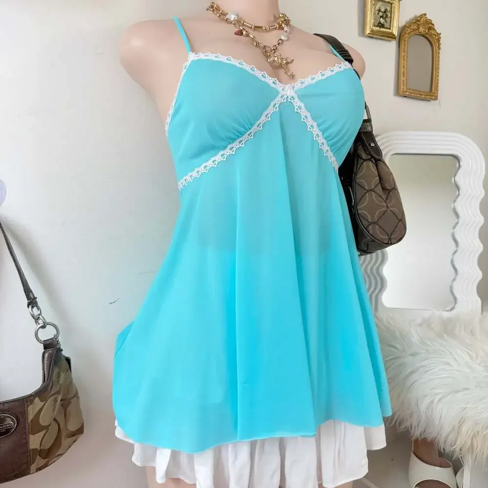 Vintage Sheer Lace-Trimmed Babydoll Cami Top